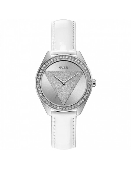 Reloj Guess Tri Glitz Plateado Con Correa De Piel Blanca Ses Nines