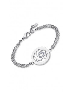 Pulsera Lotus LS2085-2/1 en acero de triple cadena con motivo circular y corazones.
