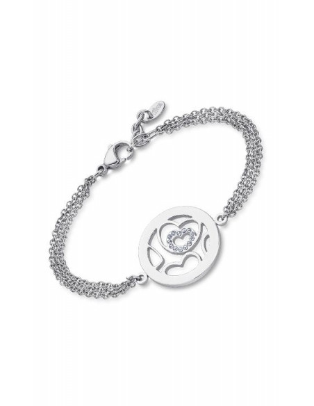 Pulsera Lotus LS2085-2/1 en acero de triple cadena con motivo circular y corazones.