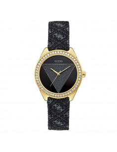 Reloj Guess W0884L11 Tri Glitz, en acero color dorado y correa de piel negra.
