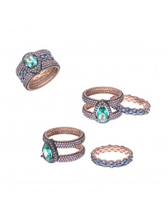Sortija plata chapado rosa cristal turmalina s verde pera alrededor y anillo central espinel s azul ovalos