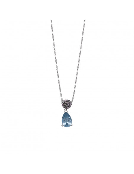 Collar Salvatore 136C0203 en plata baño rodio y colgante chapado en rutenio con espineles y gran circonita azul talla pera.