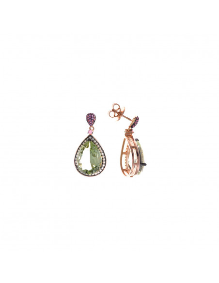 Pendientes Salvatore 252A0033 plata con baño de oro rosa con colgante de cristal lagrima verde manzana y circonitas.