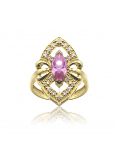 Anillo de oro amarillo de 18k ojo con gran circonita central rosa en talla marquesa.