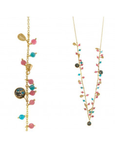 Collar Salvatore 163c0118 en plata chapado en oro dorado con chatones turquesa, bolitas de turmalina rosa y amazonita.