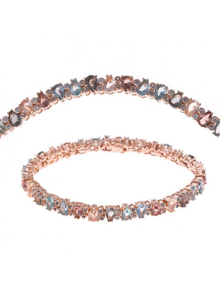 Pulsera Salvatore 240p0017  plata chapada en oro rosa con cristales champan, marron, verdes y azul aqua talla pera y circonitas.