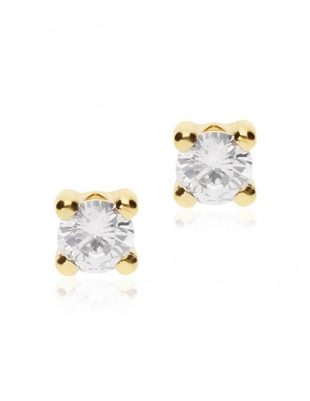 Pendientes para bebé en oro de 18k cuadrados 4 garras con circonita central, diferentes medidas disponibles.