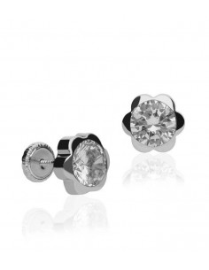 Pendientes para bebé en oro blanco de 18k en forma de flor con circonita central, diferentes medidas disponibles. 2