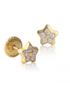 Pendientes para bebé en oro amarillo de 18k en forma de estrella con pavé de circonitas. 2