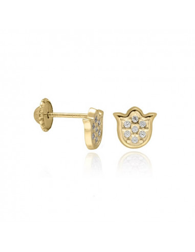 Pendientes para bebé en oro de 18k en forma de tulipán con pavé de circonitas.