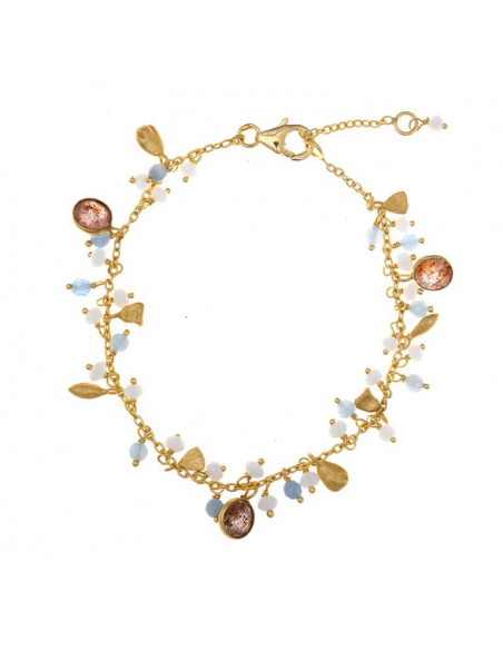 pulsera plata chapado dorado chatones cuarzo fresa bolitas agata blanca y aguamarina Salvatore 163P0108