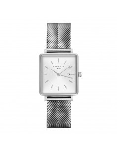 reloj ROSEFIELD The Boxy en plateado con correa de malla y dial plata QWSS-Q02