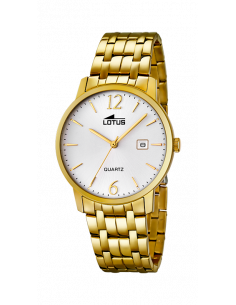 Reloj Lotus Classics 18177/1 dorado con dial plateado y números, índices y agujas en dorado