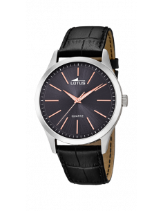 Reloj Lotus Minimalist 15961/8 con dial negro, índices y agujas en rosado y correa de piel negra