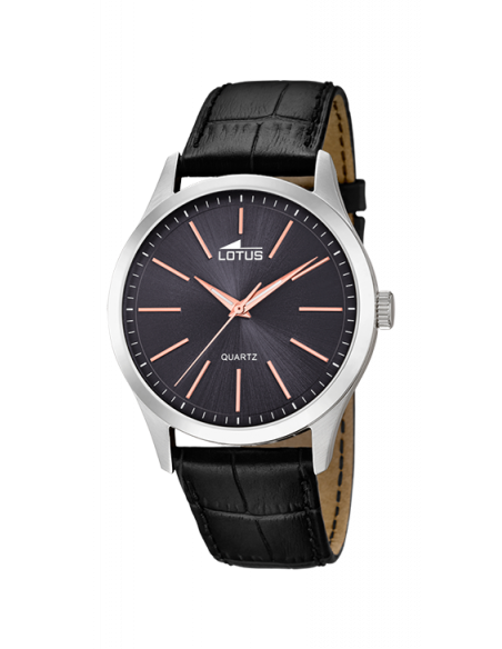 Reloj Lotus Minimalist 15961/8 con dial negro, índices y agujas en rosado y correa de piel negra
