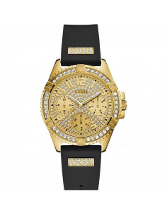 Reloj de mujer Guess Frontier W1160L1, cuarzo multifunción en acero dorado con pedrería y correa de silicona azul. WR50
