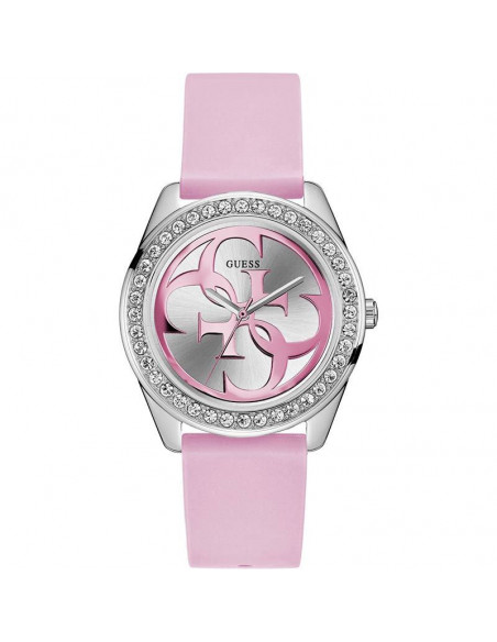 Reloj para mujer Guess W1240L1 plateado de la colección G Twist en acero con circonitas y correa de silicona rosa