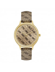 Reloj para mujer Guess W1229L2 Noveau G en dorado con cristales, esfera beige y marrón con correa de piel.