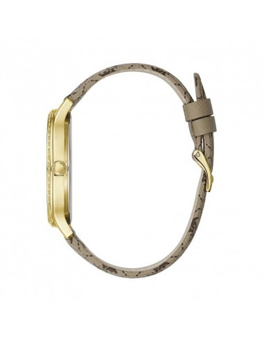 Reloj para mujer Guess W1229L2 Noveau G en dorado con cristales, esfera beige y marrón con correa de piel vista lateral