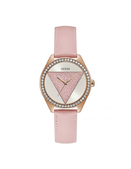 Reloj Guess W0884L6 para mujer, con caja rosada, esfera plateada con logo triángulo guess y correa de cuero rosa.