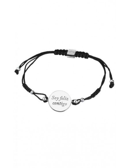 Pulsera Lotus LP1559-2/1 de nailon negro con placa redonda de plata con mensaje Soy feliz contigo.