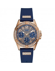 Reloj Guess W1160L3 Frontier de mujer, caja 34mm rosada con pavé de cristales Swarovski® y correa de silicona azul. WR50.