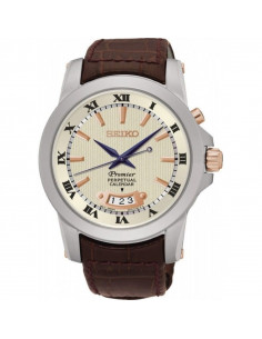Reloj de hombre Seiko SNQ150P1 Premier, de cuarzo con calendario perpetuo, dial crema y correa de piel marrón.